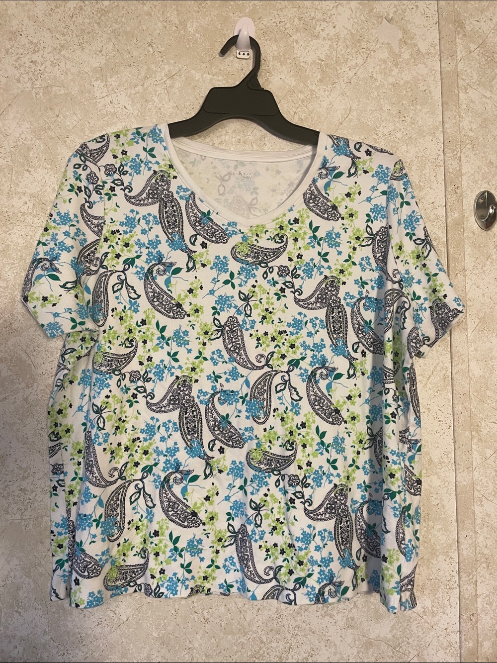 Kim Rogers White Cotton Tee with Black Paisley Print with Blue and Green Flowers